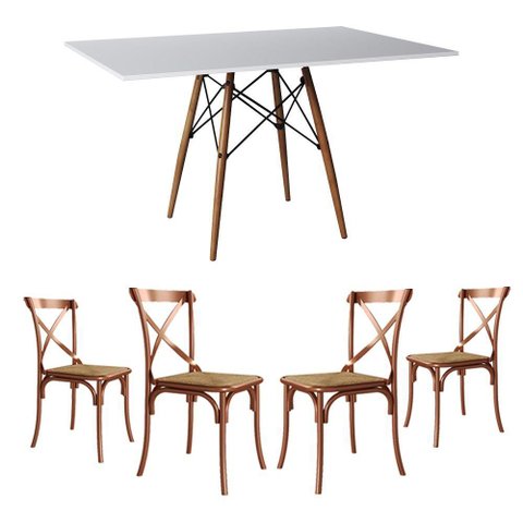 Conjunto de Mesa Eiffel Retangular Tampo de Madeira 120x75cm Branco com 4 Cadeiras Katrina Cobre