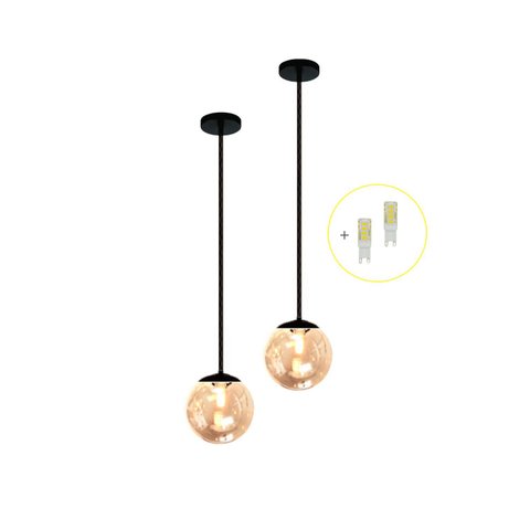 Kit 2 Pendente Preto Bancada Cozinha Cabeceira de Cama + Led Arevo Iluminação Jabuticaba VIDRO TRANS