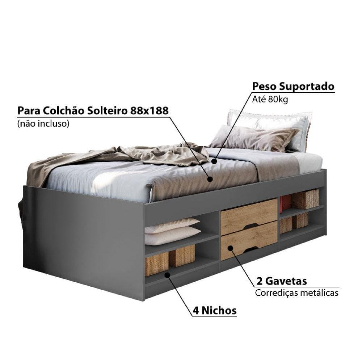 Cama Solteiro Multifuncional 2 Gavetas Kiara - 4