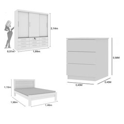 Quarto Completo Guarda Roupa 3 Portas Cama Casal e Mesa de Cabeceira 3 Gavetas Chicago  - 3