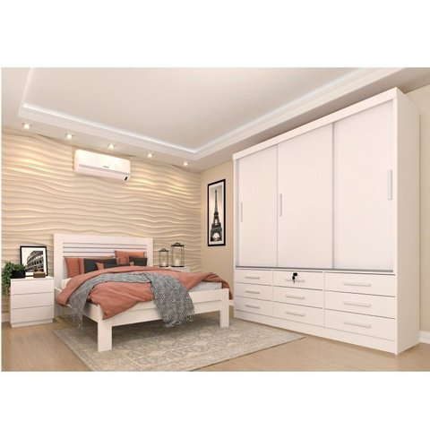 Quarto Completo Guarda Roupa 3 Portas Cama Casal e Mesa de Cabeceira 3 Gavetas Chicago Neve