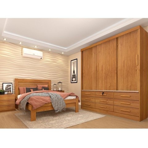 Quarto Completo Guarda Roupa 3 Portas Cama Casal e Mesa de Cabeceira Chicago Cinamomo