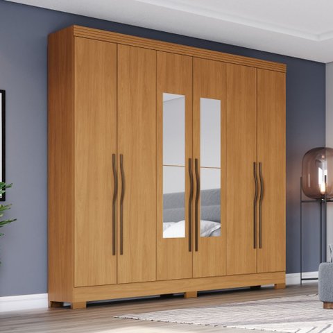 Guarda Roupa Roupeiro Casal Leonard B368 Briz 6 Portas 2 Gavetas com Espelho Cinamomo Henn