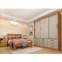 Quarto Completo Guarda Roupa 3 Portas Cama Casal e Mesa de Cabeceira Chicago  - 1