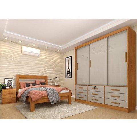 Quarto Completo Guarda Roupa 3 Portas Cama Casal e Mesa de Cabeceira Chicago