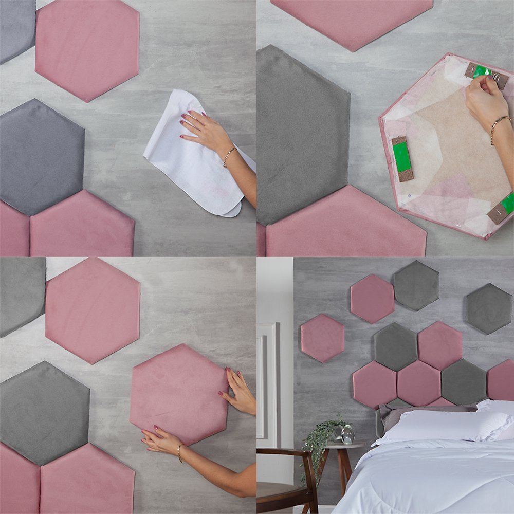 Cabeceira 3D Acolchoada para Parede Cama Solteiro Módulo Hexagonal Preto 7 peças - 3