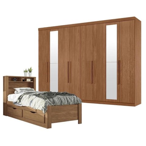 Quarto Completo Guarda Roupa Casal Master New 8 Portas 4 Gavetas MDP com Espelho e Cama Solteiro