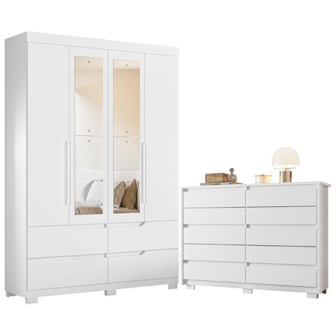 Guarda Roupa Solteiro com Cômoda Doble 4 Portas de Bater 4 Gavetas MDP Fosco Branco Albatroz Mó