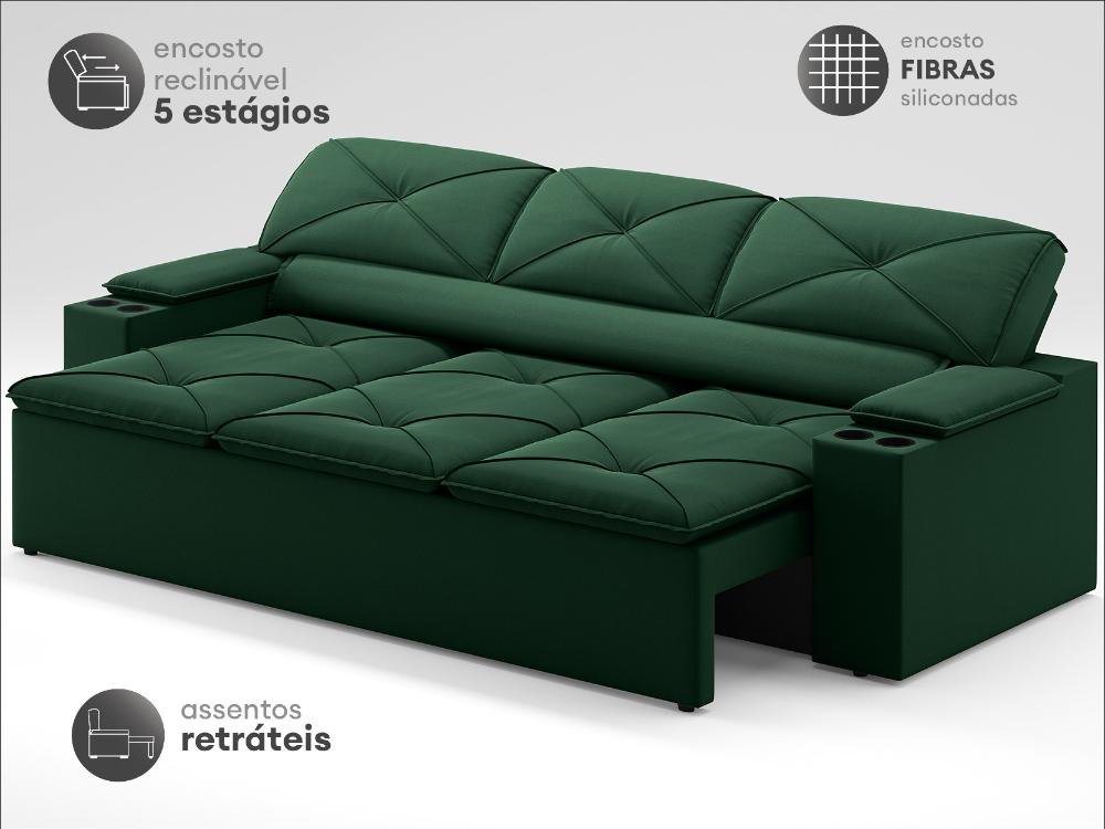 Sofá com Porta Copos Retrátil e Reclinável Pop 2,05m Velosuede Verde - Netsofas - 3