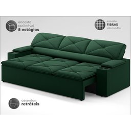 Sofá com Porta Copos Retrátil e Reclinável Pop 2,05m Velosuede Verde - Netsofas - 3