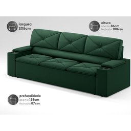 Sofá com Porta Copos Retrátil e Reclinável Pop 2,05m Velosuede Verde - Netsofas - 2