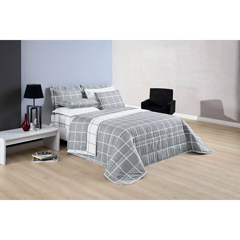 Conjunto Cama Casal King Size Xadrez 200 Fios Dupla Face Toque de Seda