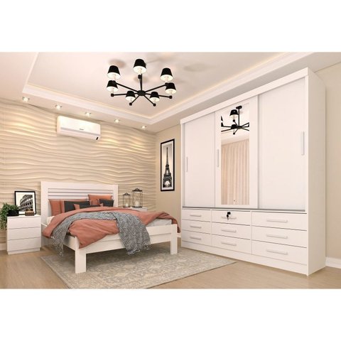 Quarto Completo Guarda Roupa 3 Portas Cama Casal e Mesa de Cabeceira 3 Gavetas Chicago Neve