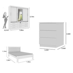 Quarto Completo Guarda Roupa 3 Portas Cama Casal e Mesa de Cabeceira 3 Gavetas Chicago  - 3