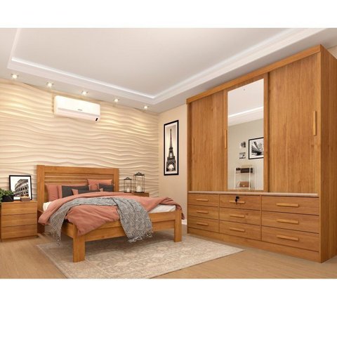 Quarto Completo Guarda Roupa 3 Portas Cama Casal e Mesa de Cabeceira Chicago Cinamomo