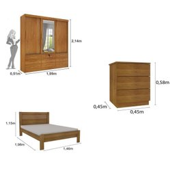 Quarto Completo Guarda Roupa 3 Portas Cama Casal e Mesa de Cabeceira Chicago  - 3