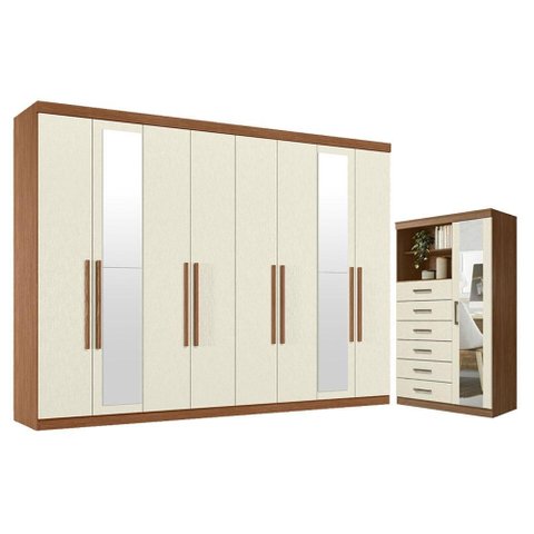 Guarda Roupa Casal 8 Portas 4 Gavetas Master New com Espelho e Cômoda Marabá com Espelho Jatobá
