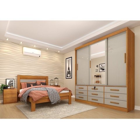 Quarto Completo Guarda Roupa 3 Portas Cama Casal e Mesa de Cabeceira Chicago
