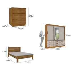 Quarto Completo Guarda Roupa 3 Portas Cama Casal e Mesa de Cabeceira Chicago  - 3