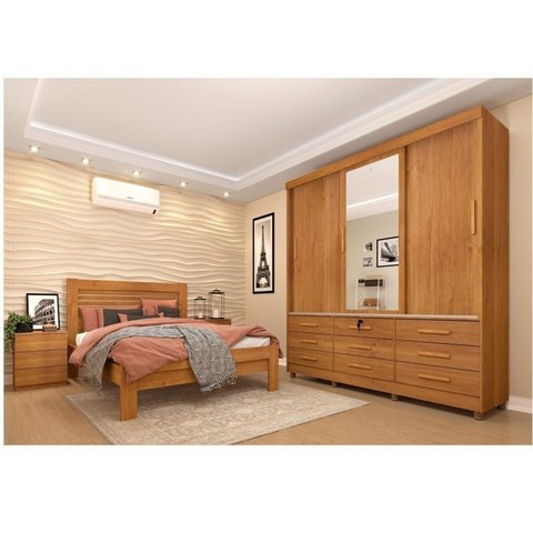 Quarto Completo Roupeiro 3 Portas, Cama Casal e Mesa de Cabeceira Chicago Cinamomo