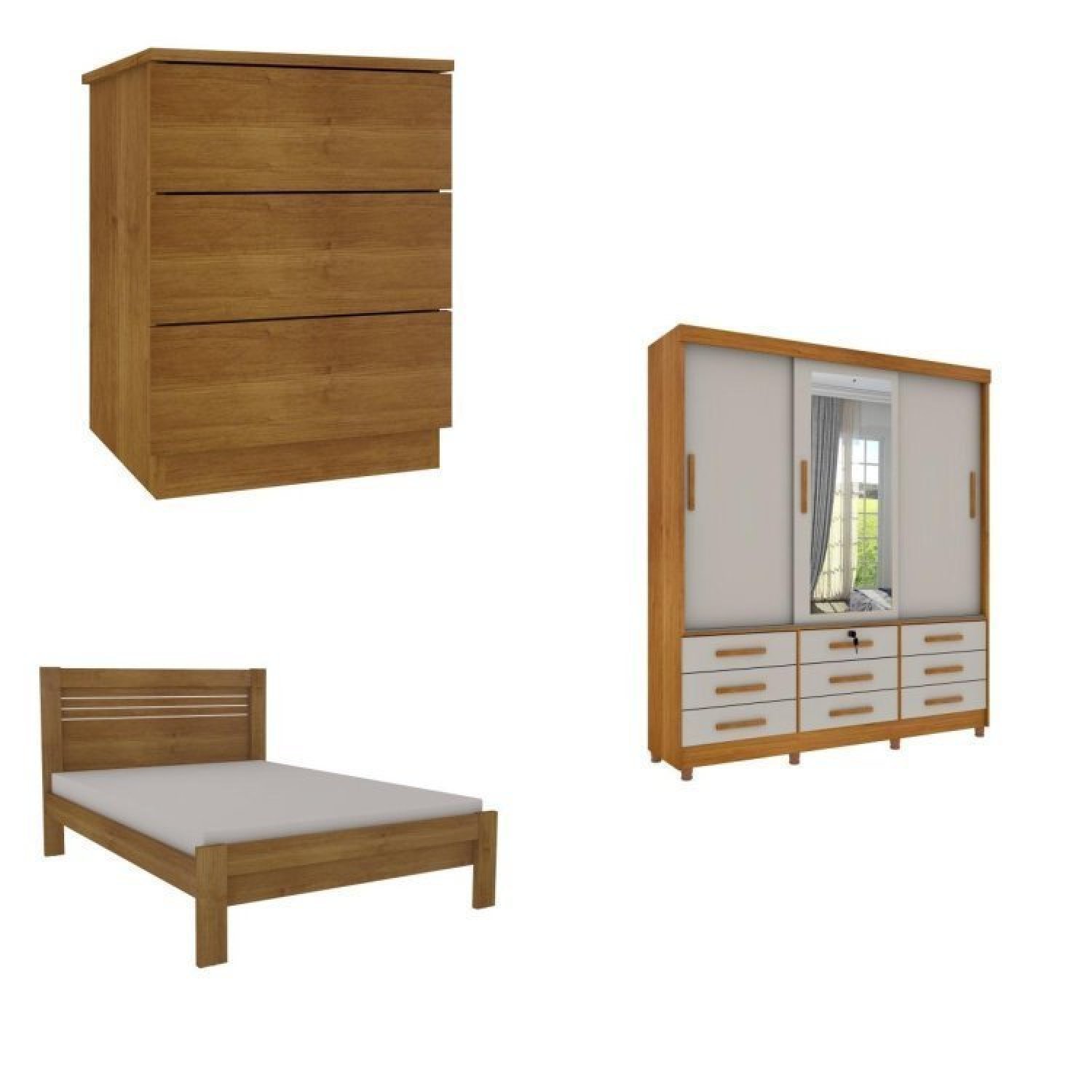 Quarto Completo Roupeiro 3 Portas, Cama Casal e Mesa de Cabeceira Chicago  - 2