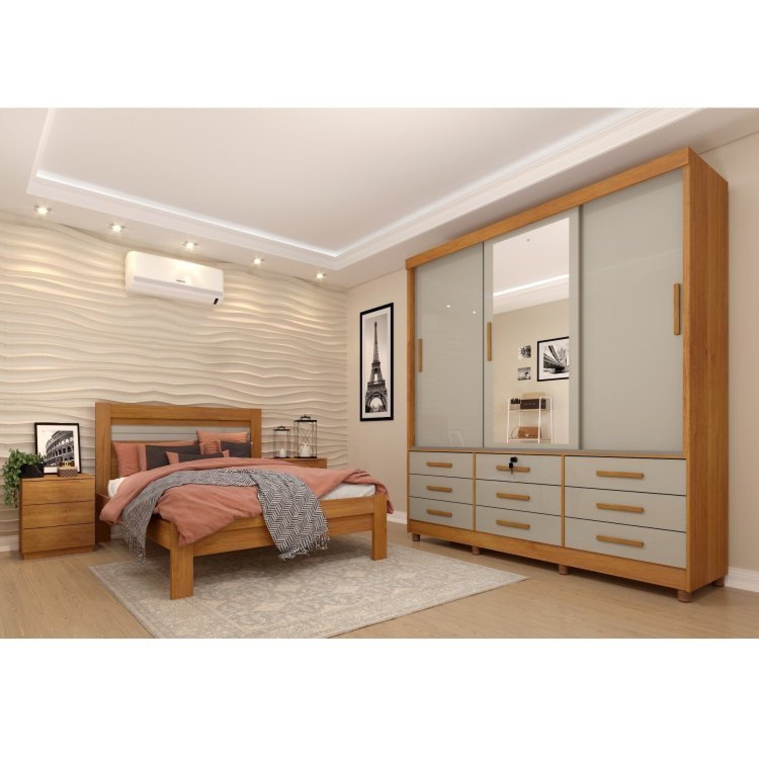 Quarto Completo Roupeiro 3 Portas, Cama Casal e Mesa de Cabeceira Chicago  - 1