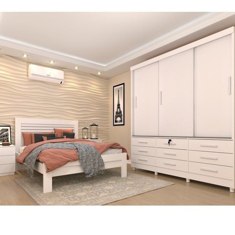 Quarto Completo Roupeiro 3 Portas, Cama Casal e Mesa de Cabeceira 3 Gavetas Chicago Neve