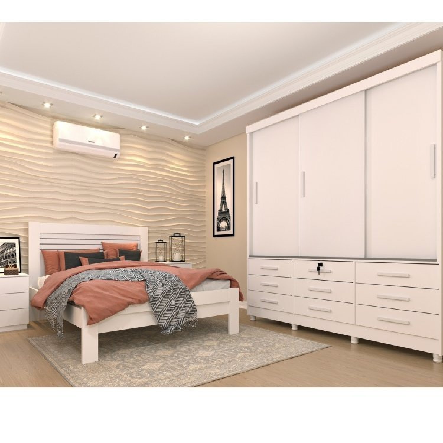 Quarto Completo Roupeiro 3 Portas, Cama Casal e Mesa de Cabeceira 3 Gavetas Chicago  - 1