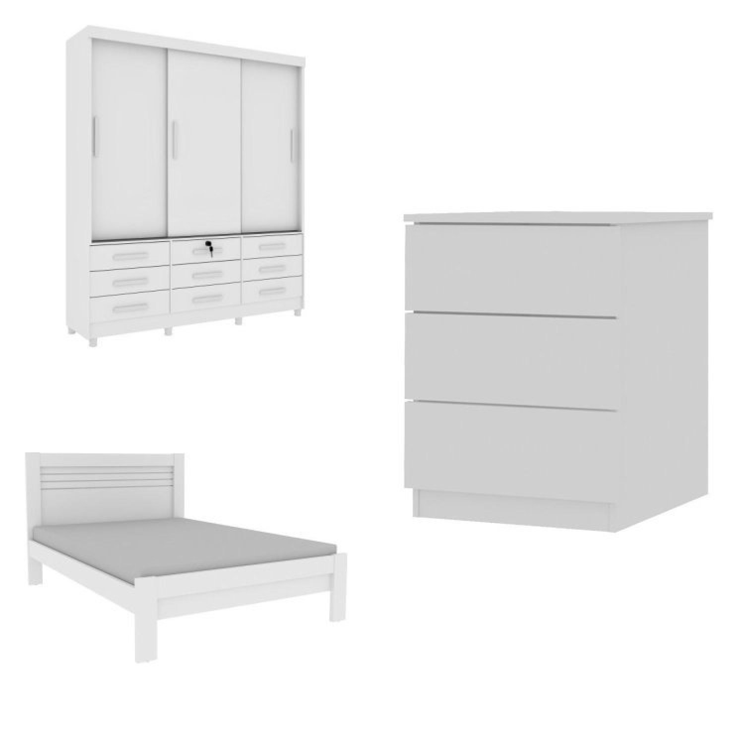 Quarto Completo Roupeiro 3 Portas, Cama Casal e Mesa de Cabeceira 3 Gavetas Chicago  - 2