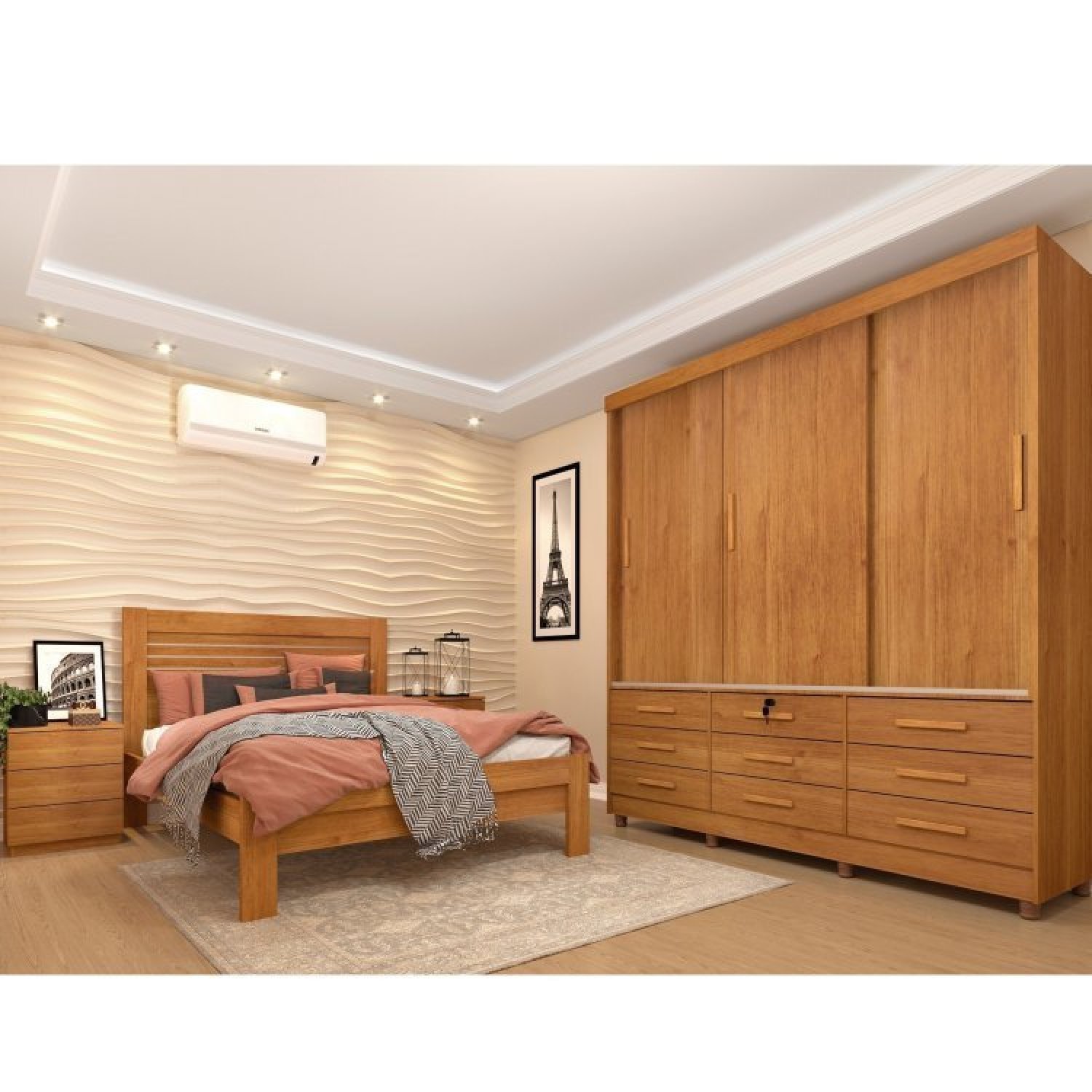 Quarto Completo Roupeiro 3 Portas, Cama Casal e Mesa de Cabeceira Chicago  - 1