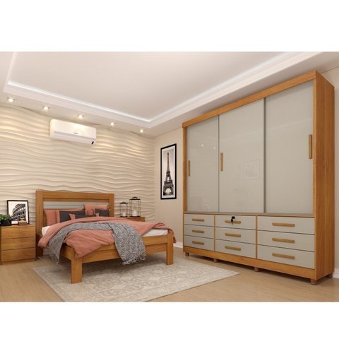 Quarto Completo Roupeiro 3 Portas, Cama Casal e Mesa de Cabeceira Chicago 