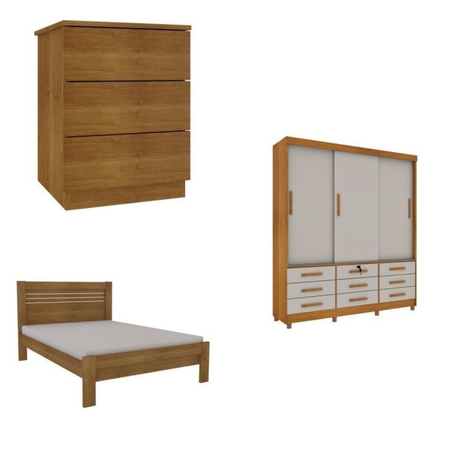 Quarto Completo Roupeiro 3 Portas, Cama Casal e Mesa de Cabeceira Chicago  - 2