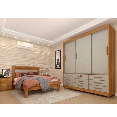 Quarto Completo Roupeiro 3 Portas, Cama Casal e Mesa de Cabeceira Chicago
