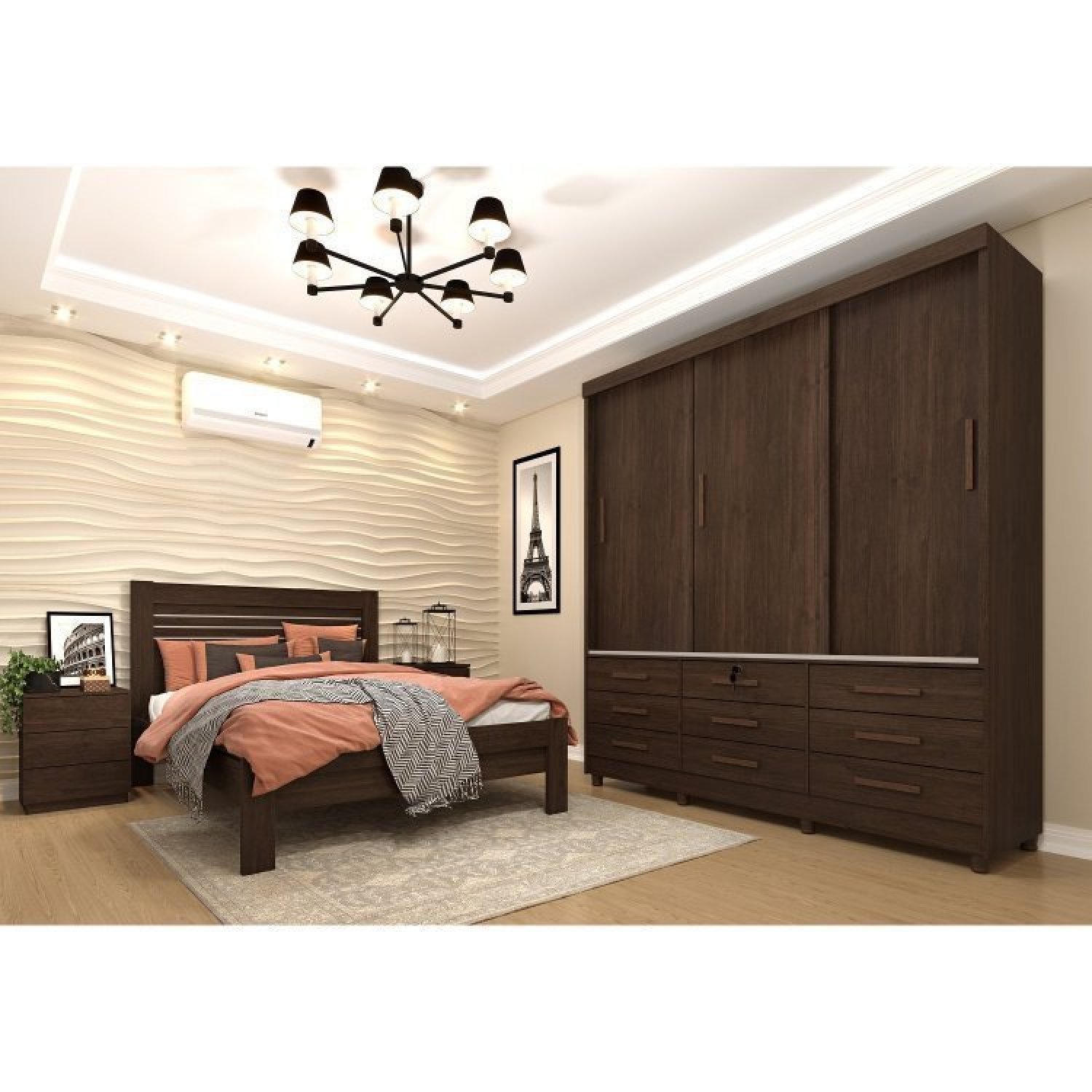 Quarto Completo Roupeiro 3 Portas, Cama Casal e Mesa de Cabeceira Chicago Tcil Móveis - 1