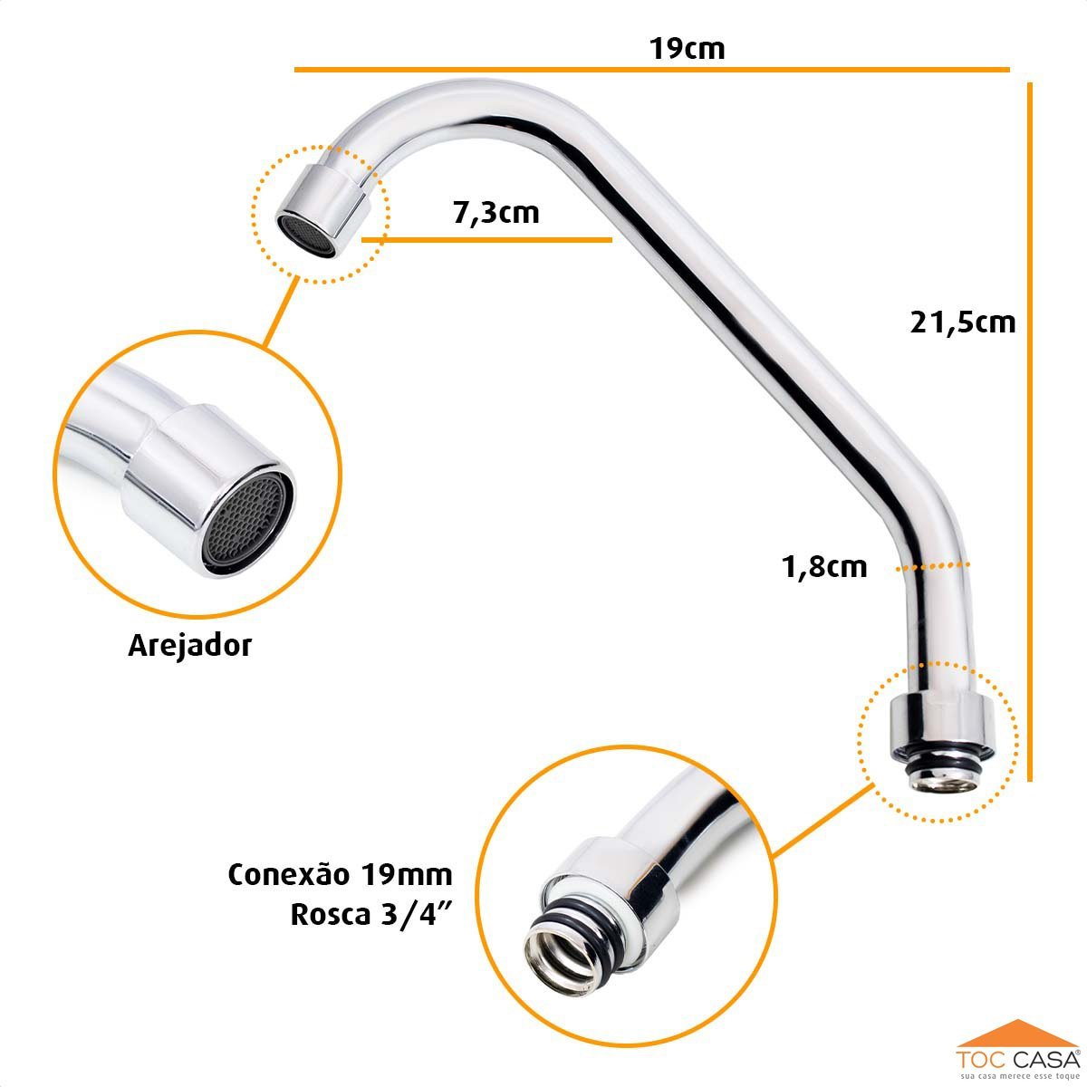 Tubo Bica 3/4 Em Inox Cromado P/ Cozinha E Arejador Fixo - 4