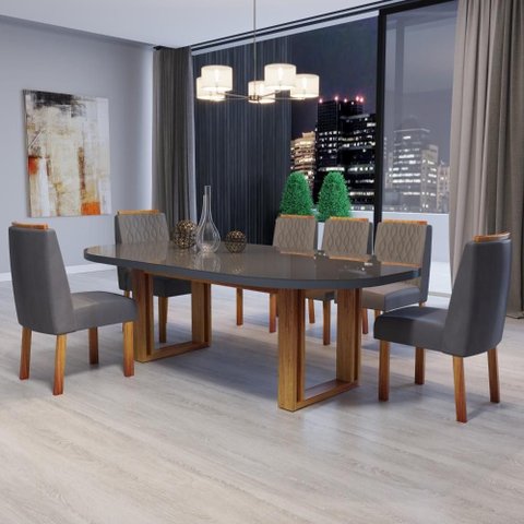 Sala de Jantar Karen 6 Lugares MDF com Vidro Grafite 196cm Bom Pastor