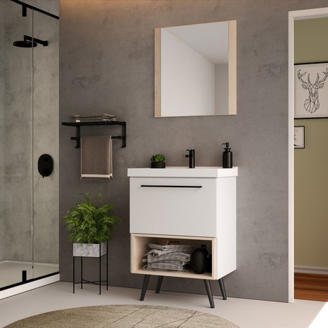 Gabinete com Pés para Banheiro 60cm com Cuba e Espelheira Gales Branco/Faia