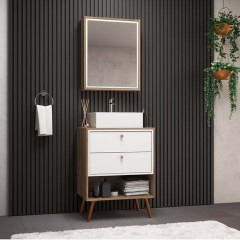 Gabinete com Pés para Banheiro 60cm com Cuba e Armário Gael Marrom/Nogal/Branco