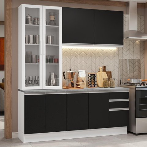 Armário de Cozinha Completa 190cm Glamy Madesa Branco Preto