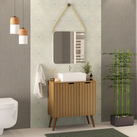 Gabinete com Pés para Banheiro 81cm com Cuba e Espelheira Nice Marrom/Nogal/Noce Amêndoa