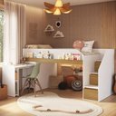 Ver imagem 1 de Cama Infanto Juvenil com Escrivaninha BI840BCCX MDP Branco e Carvalho Completa Móveis Solteiro