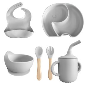 Conjunto Introdução Alimentar para Bebê de Silicone 6 Peças Prato Talheres Copo Bowl e Babador:cinza