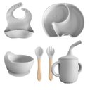 Ver imagem 1 de Conjunto Introdução Alimentar para Bebê de Silicone 6 Peças Prato Talheres Copo Bowl e Babador:cinza