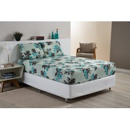Roupa de Cama Queen 3 Peças Lençol e Fronhas Ponto Palito Yasmin Percal Estampado:floral Verde - 1