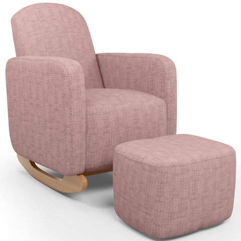 Poltrona de Amamentação com Balanço e Puff Orgânico Saori W01 Linho Rosa - Lyam Decor