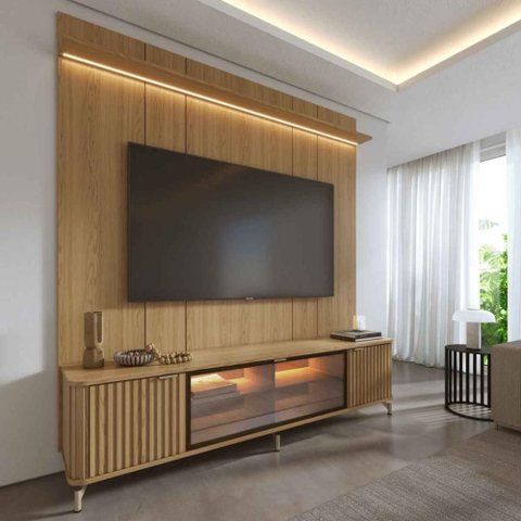 Rack e Painel para TV 75" 100% MDF 215cm 3 Portas Vidro Reflecta com LED Prateleira Carvalho