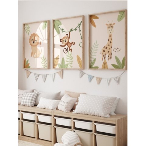 Kit 3 Quadros Decorativos Infantil Animais Safari No13