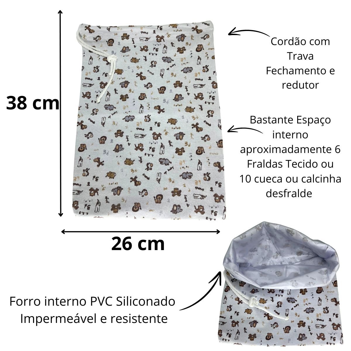 Kit Saco Impermeável Roupa Molhada Bebê Infantil Safari Bco - 4