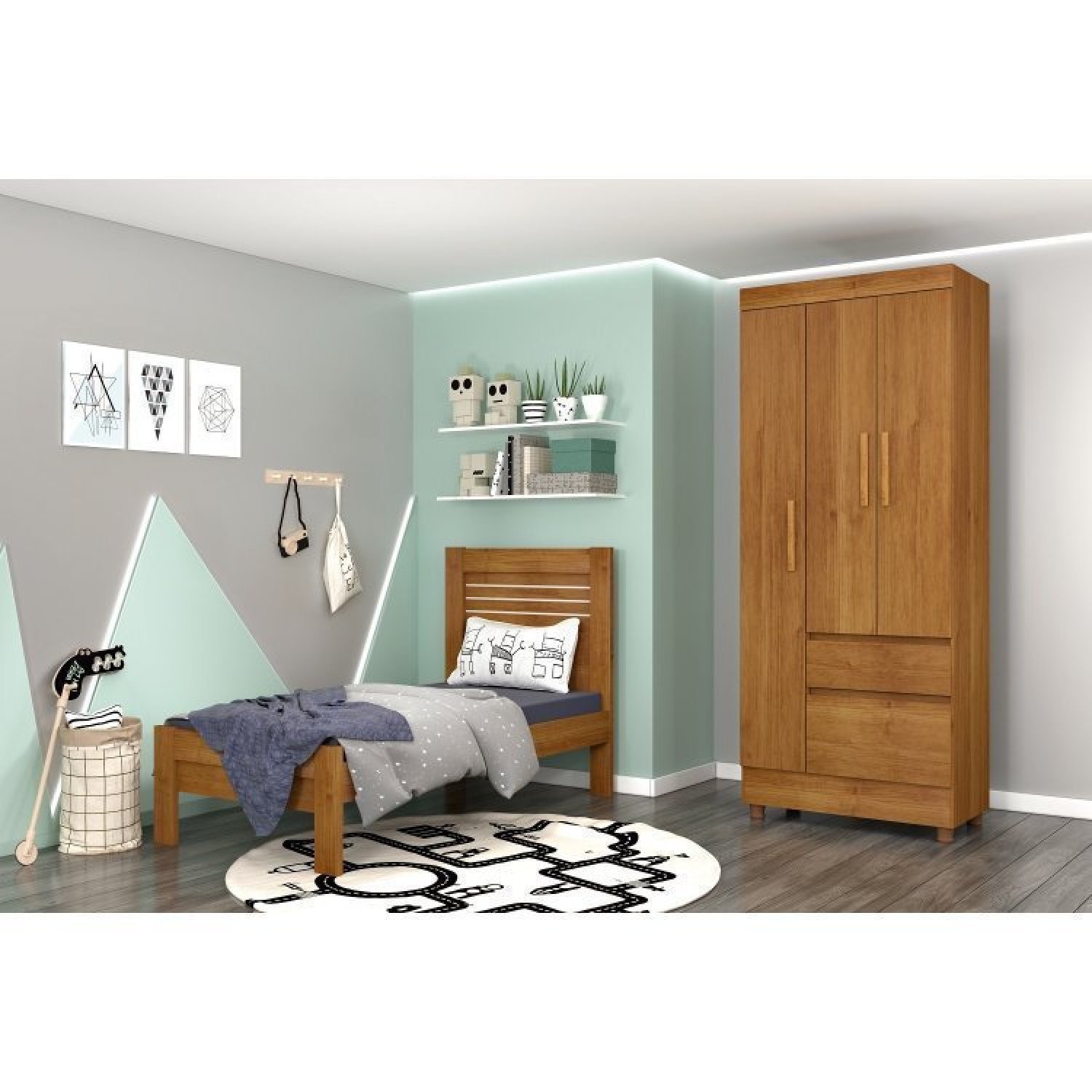 Quarto Completo Guarda Roupa 3 Portas e Cama Solteiro Oregon Tcil Móveis - 1