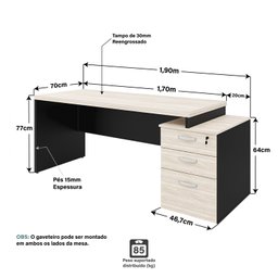 Mesa de Escritório Pedestal 3 Gavetas 1.90x70 Tpo 30mm Netmobil - Dubai - 6